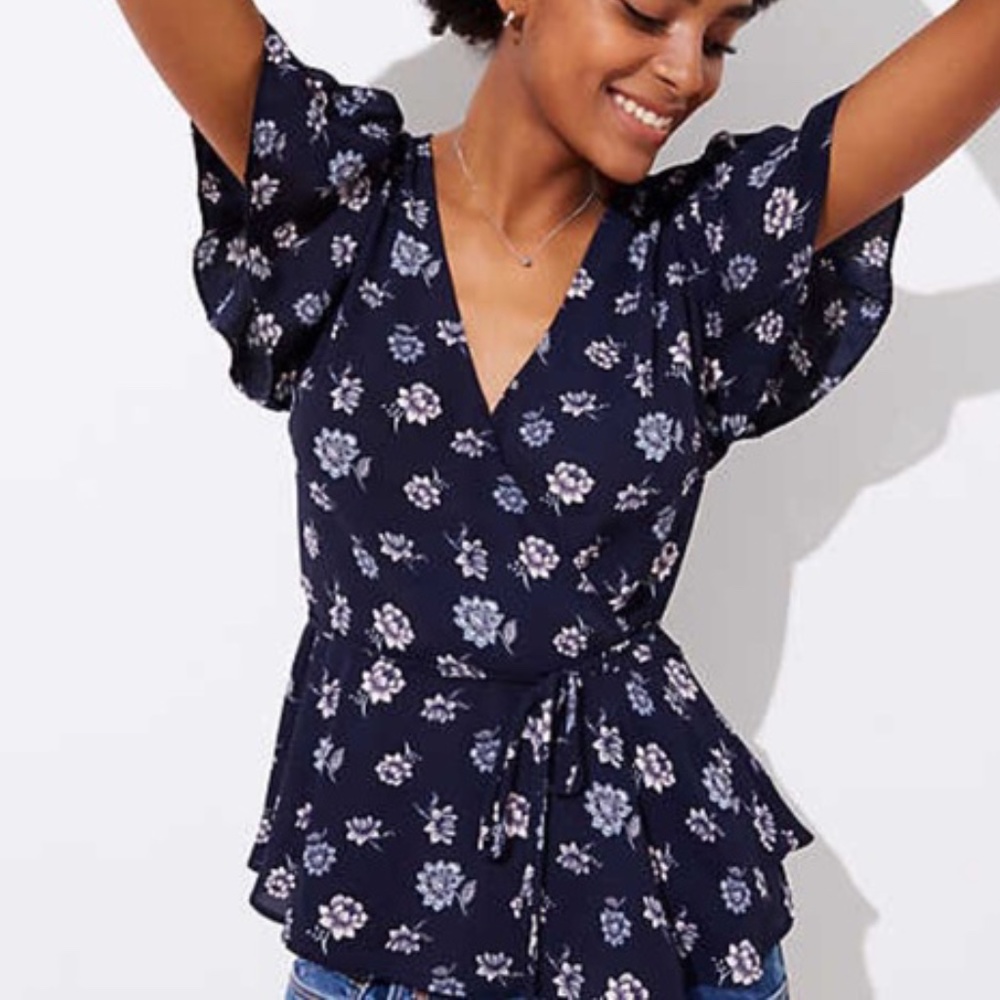 LOFT Blue Floral Wrap Peplum Top